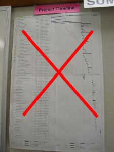 Image of a big red "x" through a large Gantt chart